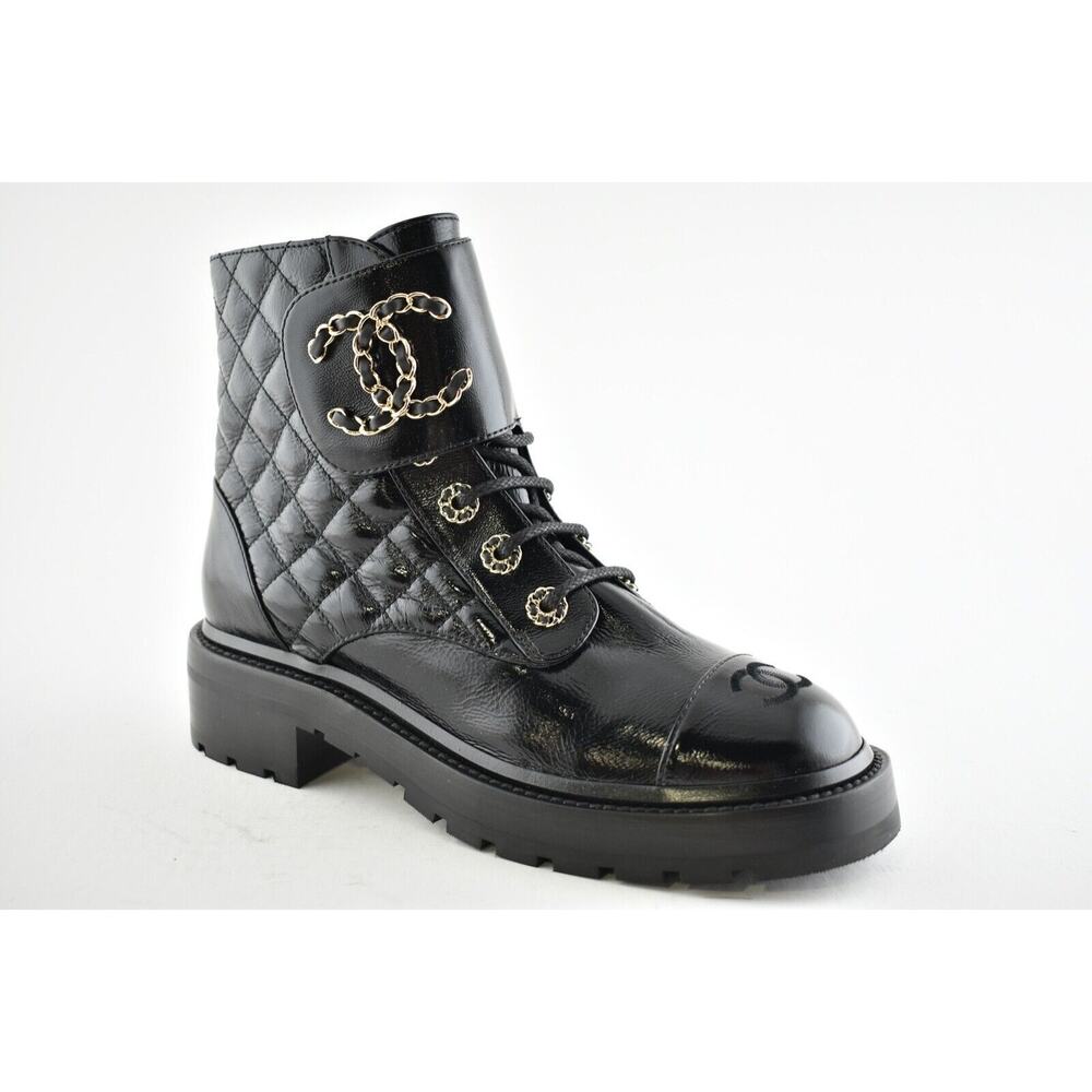 Chanel 21A Black Shiny Patent Quilted Gold CC Chain Combat Ankle Short Boot 40.5 - Picture 4 of 11